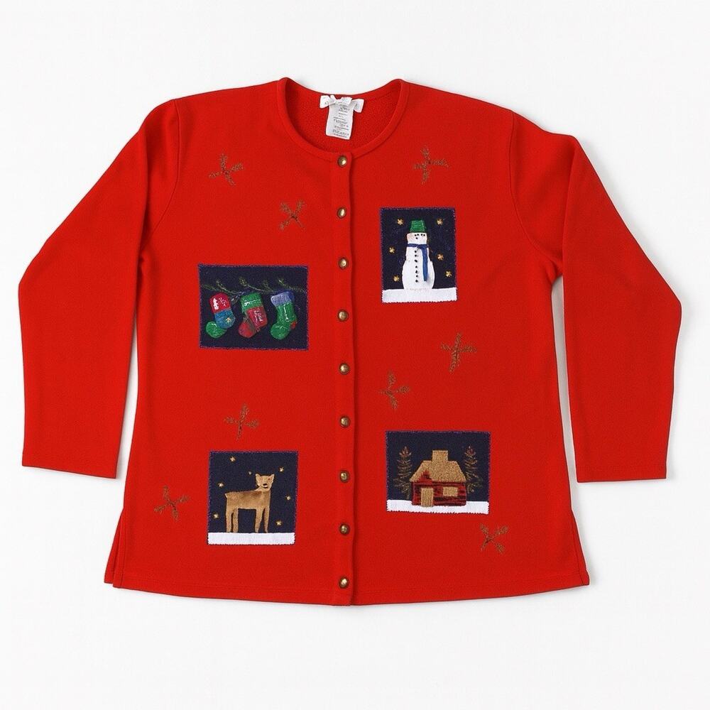 VTG Women's 1X Appliqué Winter Snow Christmas Cardigan Sweater Grannycore